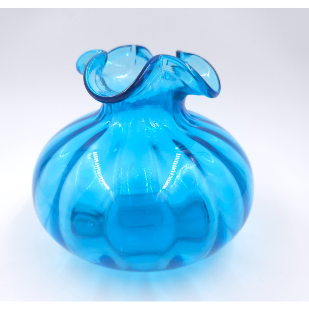 Beacon Glass Optic Ribbed Bulb Fluted Vase Blue Hand Blown Ruffled Rim